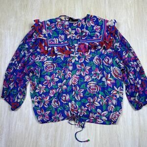 Vintage Diane Freis Blue Multicolor Floral V-Neck Blouse Shoulder Pads One Size